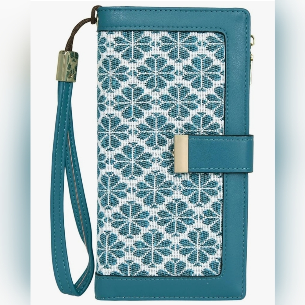 Wristlet Wallet - Teal White Floral - RFID Card Trifold Card Holder. NWT!